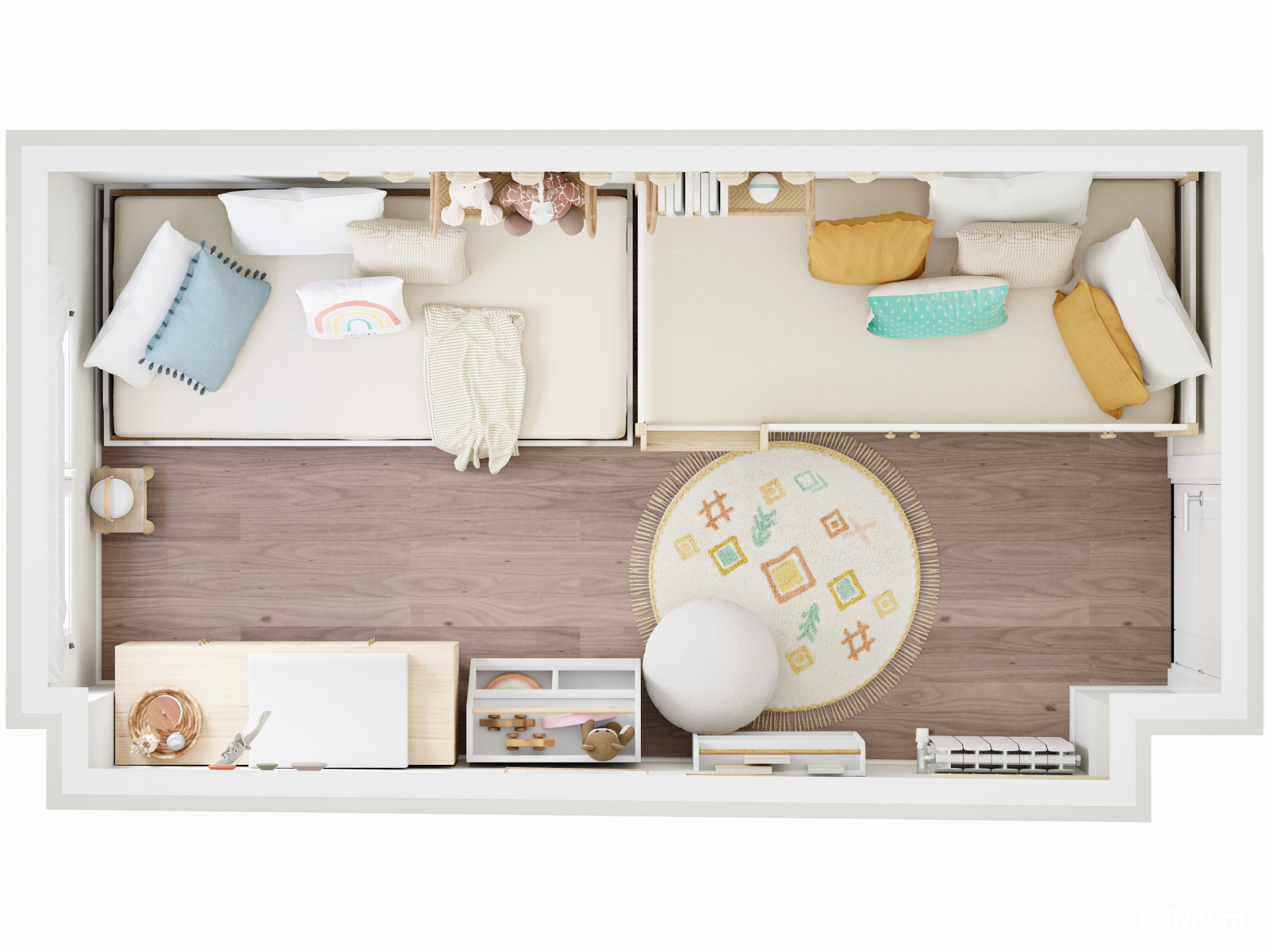 Cómoda y luminosa habitación infantil para dos niños 