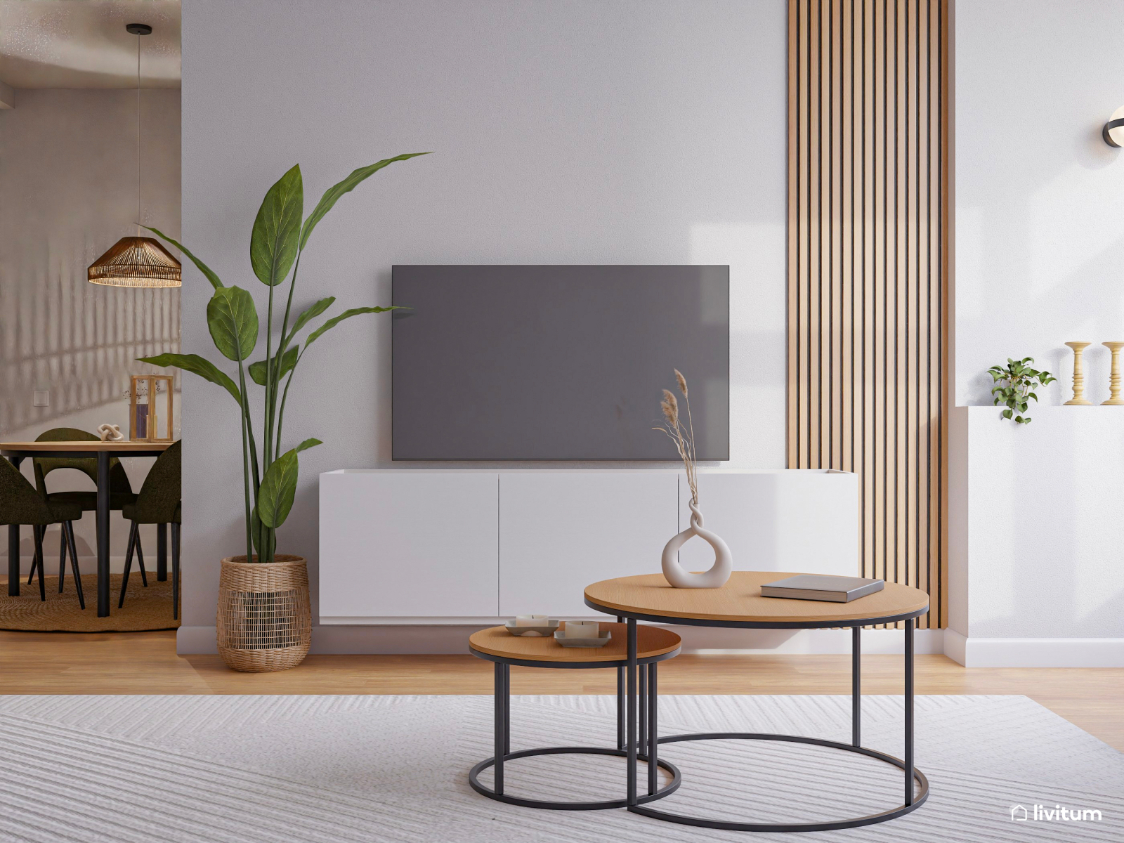 Cómodo salón comedor en madera y tonos neutros