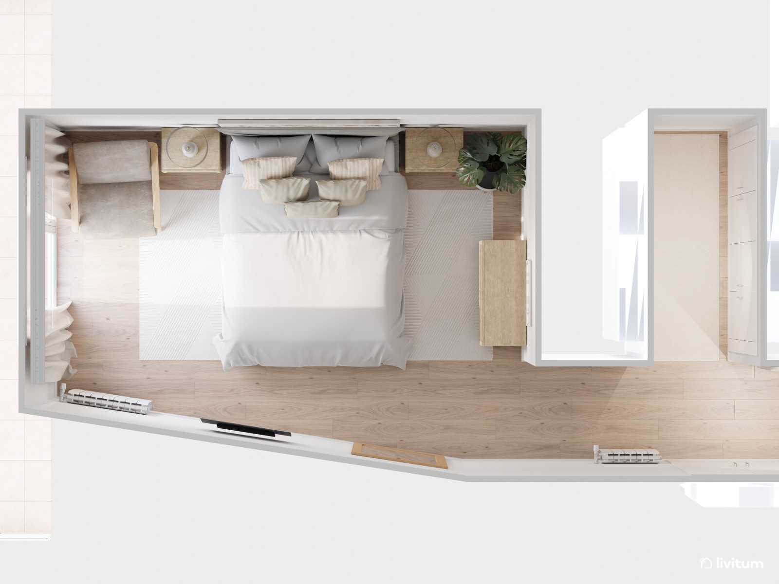 Dormitorio acogedor con muebles de madera y ratán 
