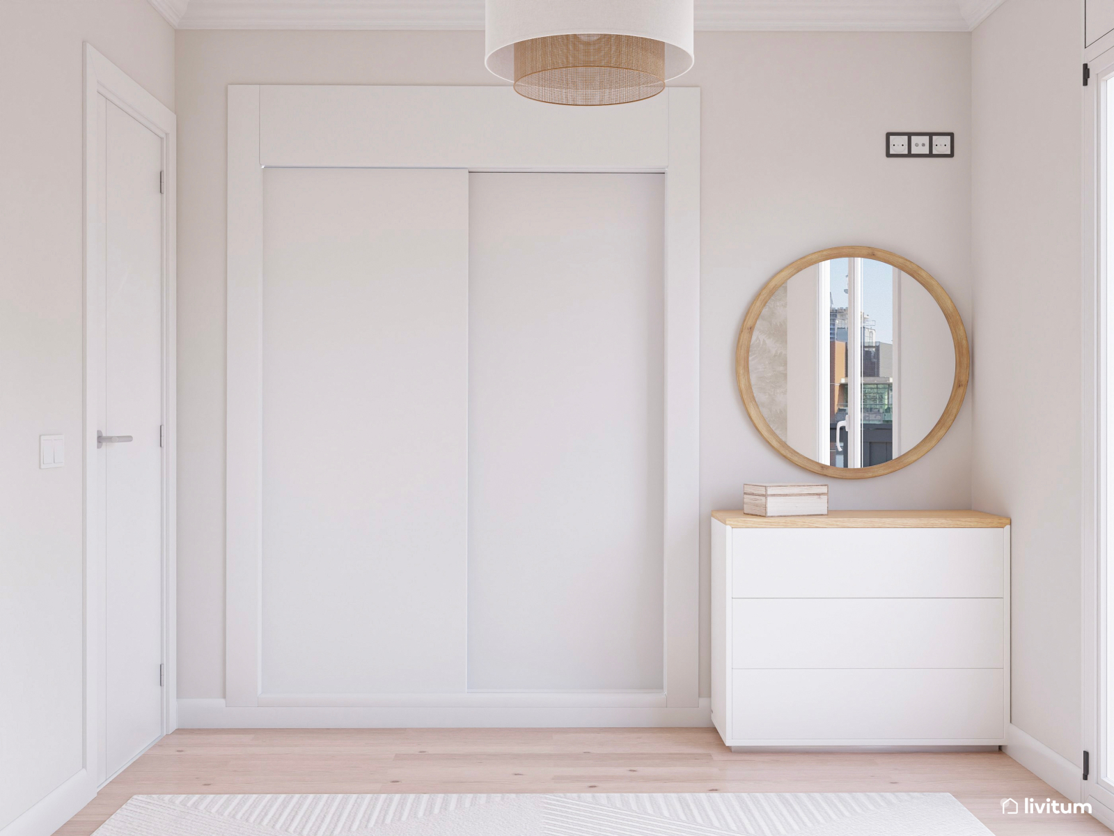 Dormitorio cálido con papel pintado de hojas de helecho 