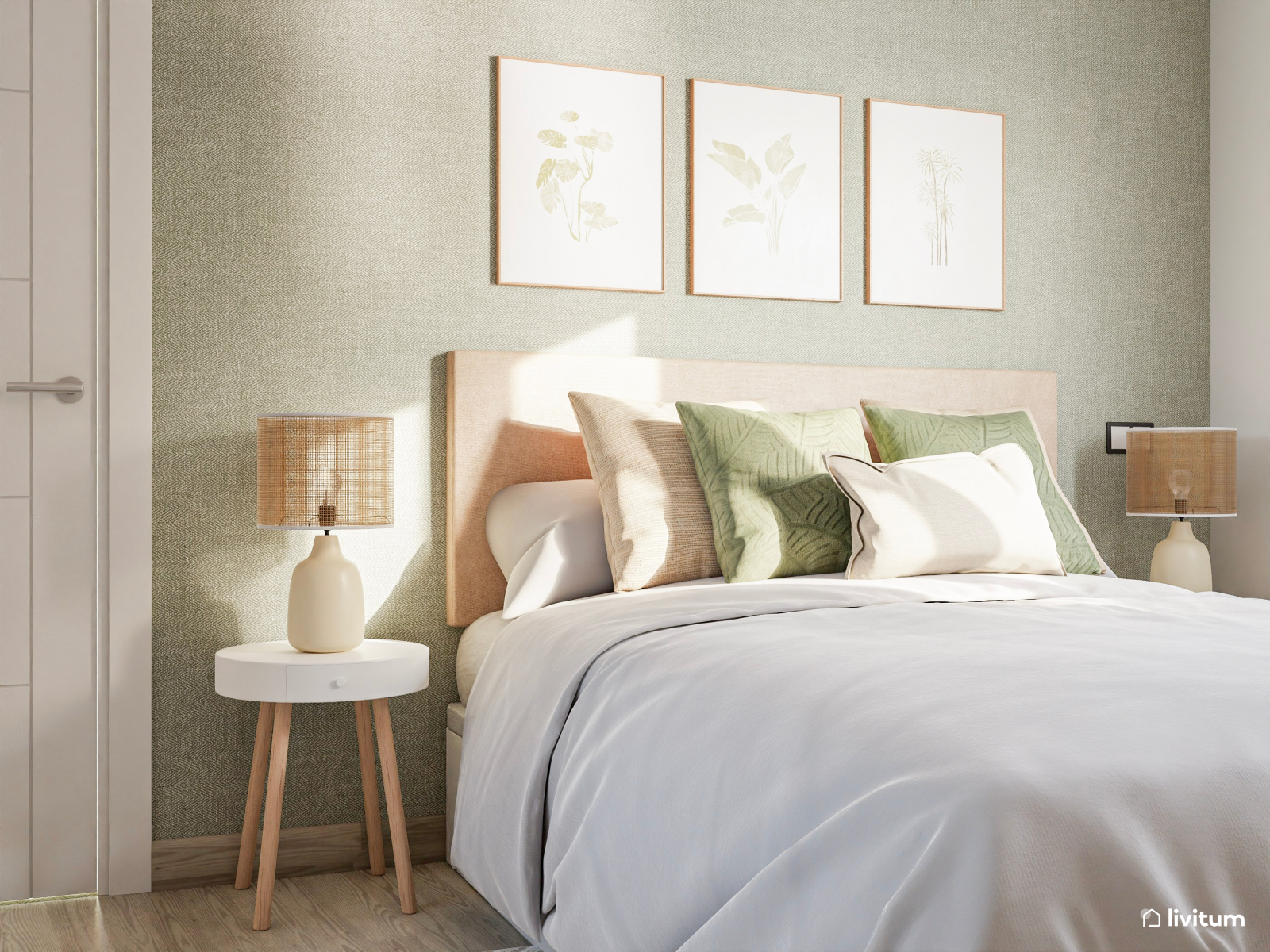 Dormitorio cálido en madera y verde con vestidor incorporado 