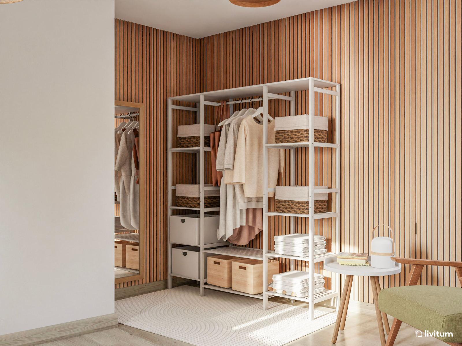 Dormitorio cálido en madera y verde con vestidor incorporado 