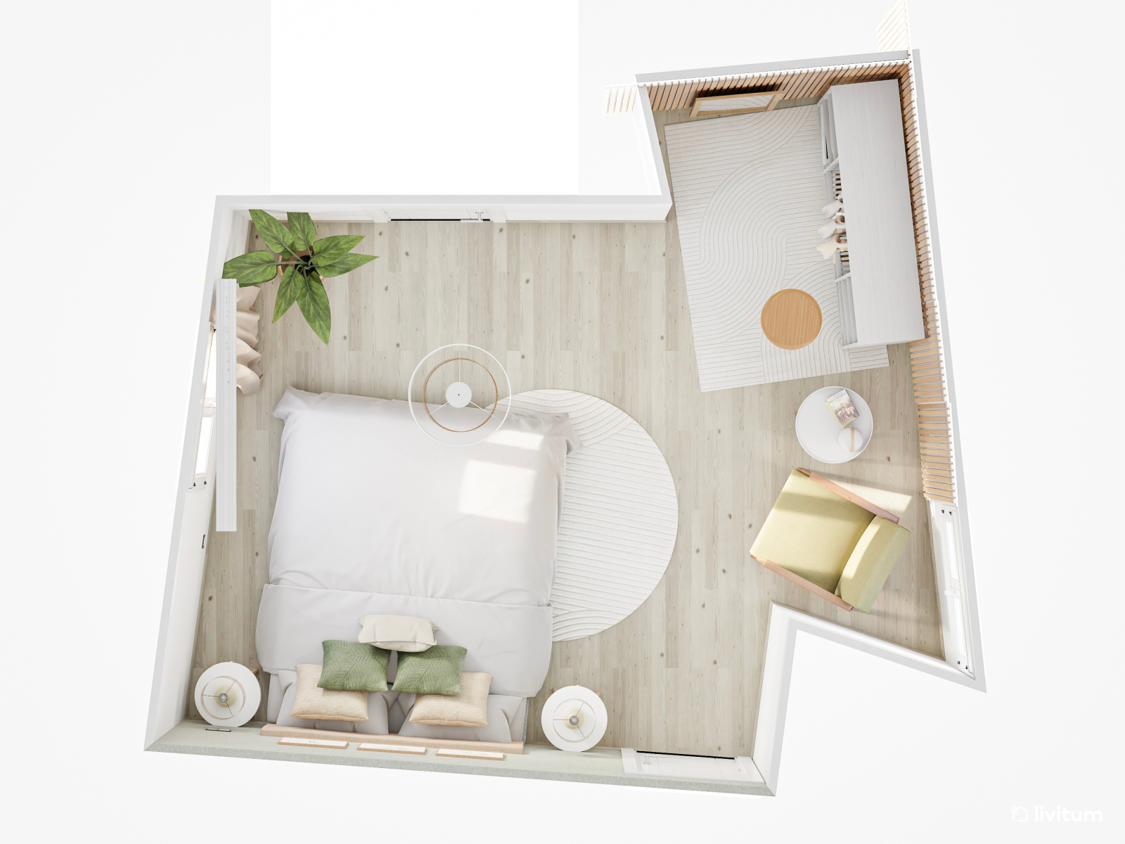 Dormitorio cálido en madera y verde con vestidor incorporado 