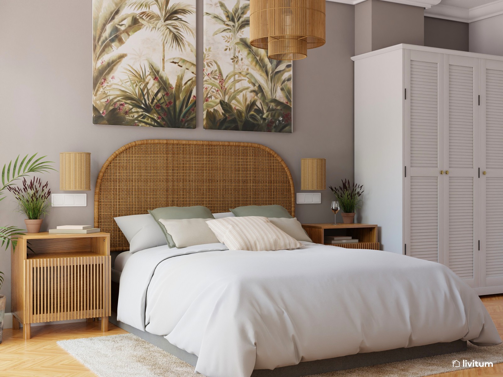 Dormitorio colonial con detalles tropicales 