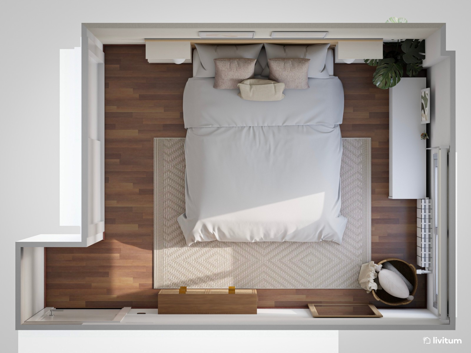 Dormitorio con cabecero de listones y estanterías incorporadas 