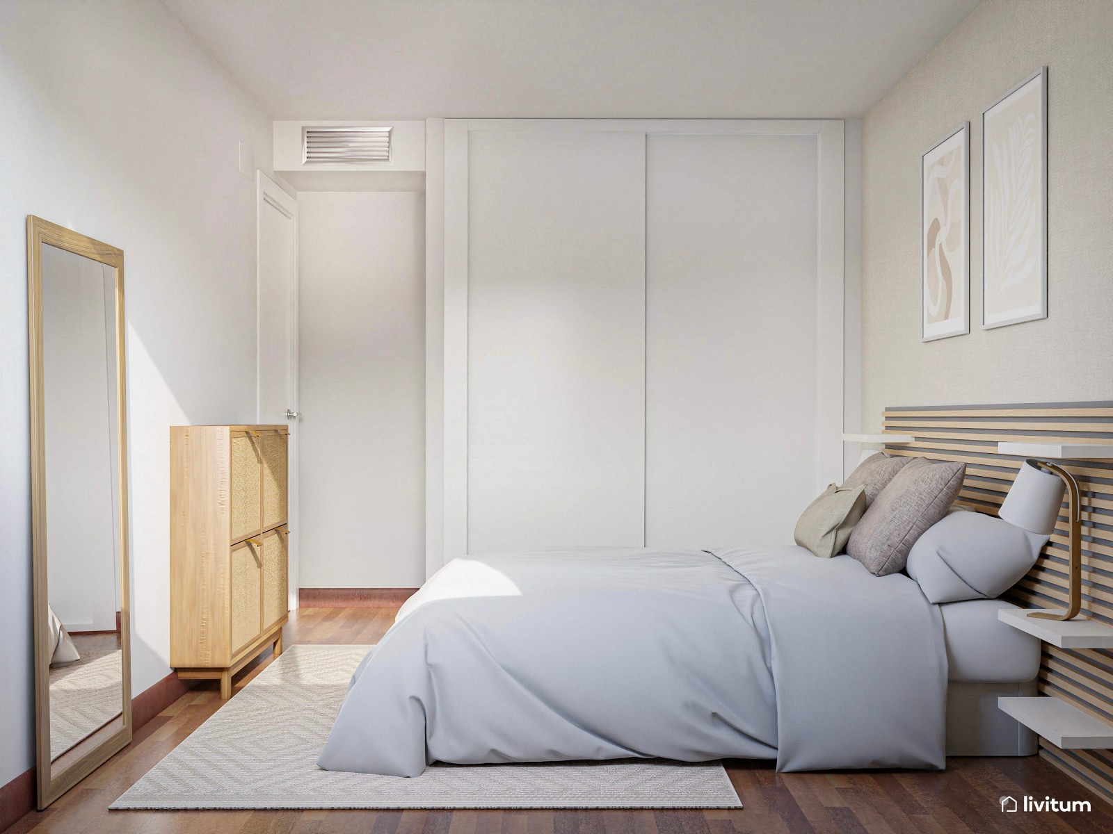 Dormitorio con cabecero de listones y estanterías incorporadas 