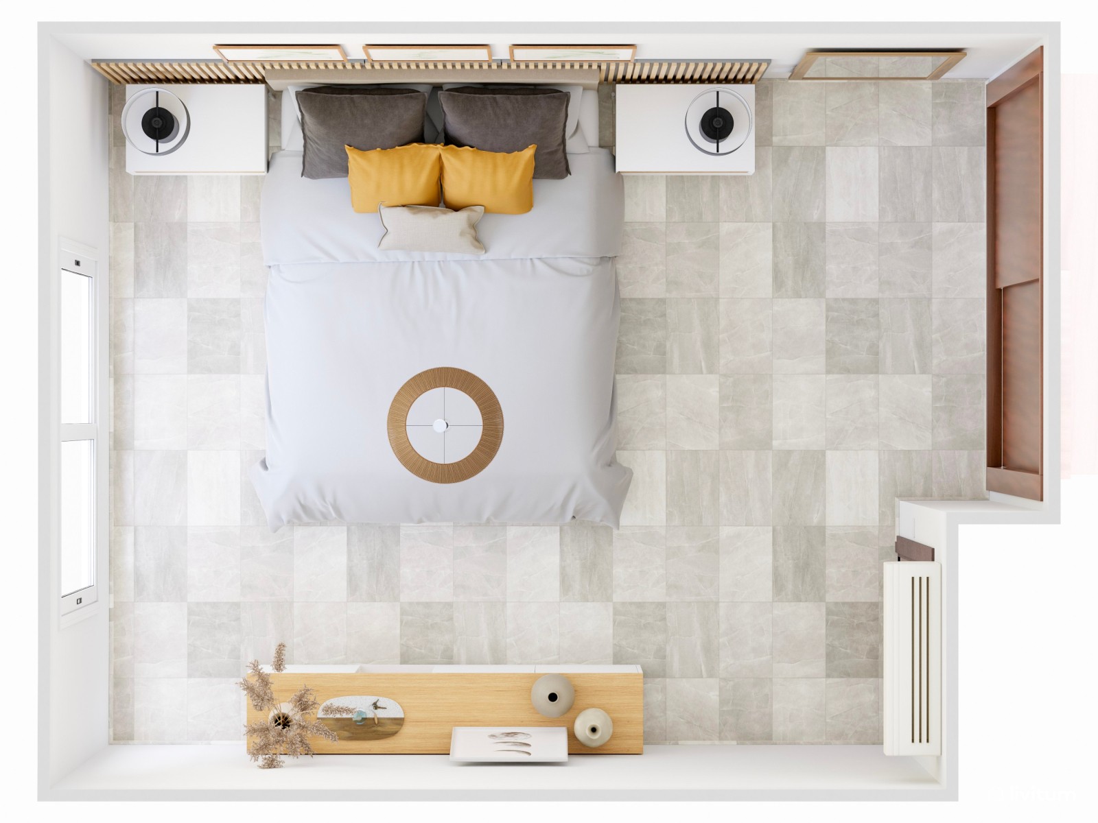 Dormitorio con cabecero en beige suave y listones de madera 