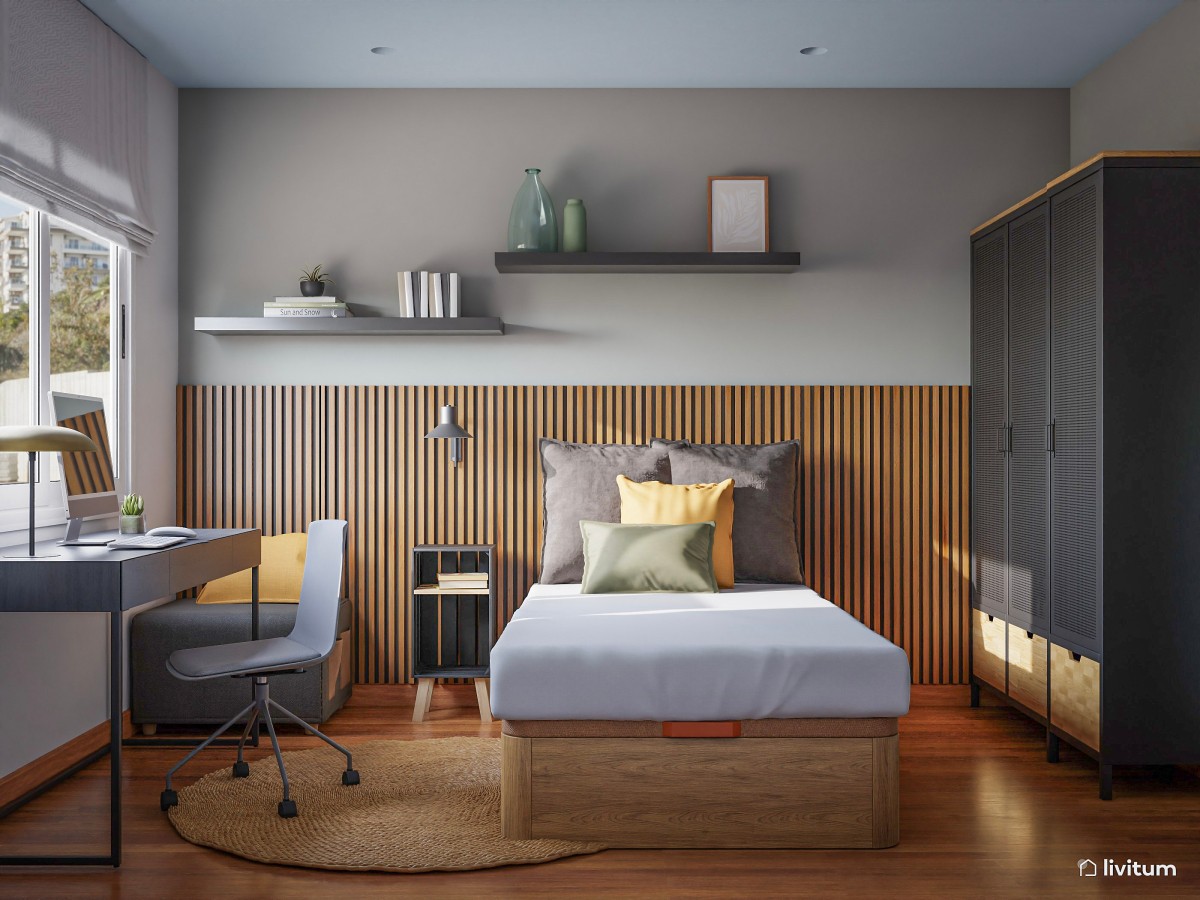 Dormitorio con cama individual de estilo industrial