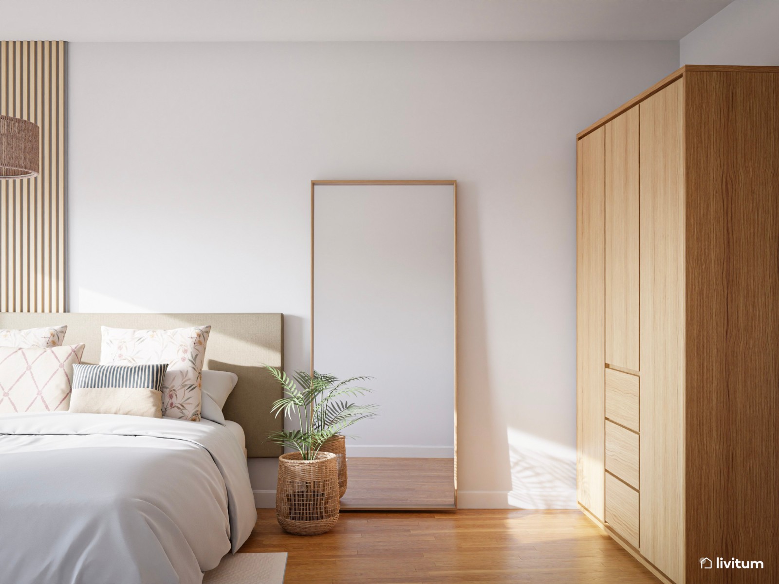 Dormitorio con listones de madera que irradia alegría