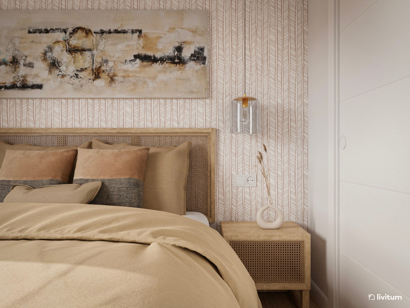 Dormitorio con papel pintado y colores suaves 