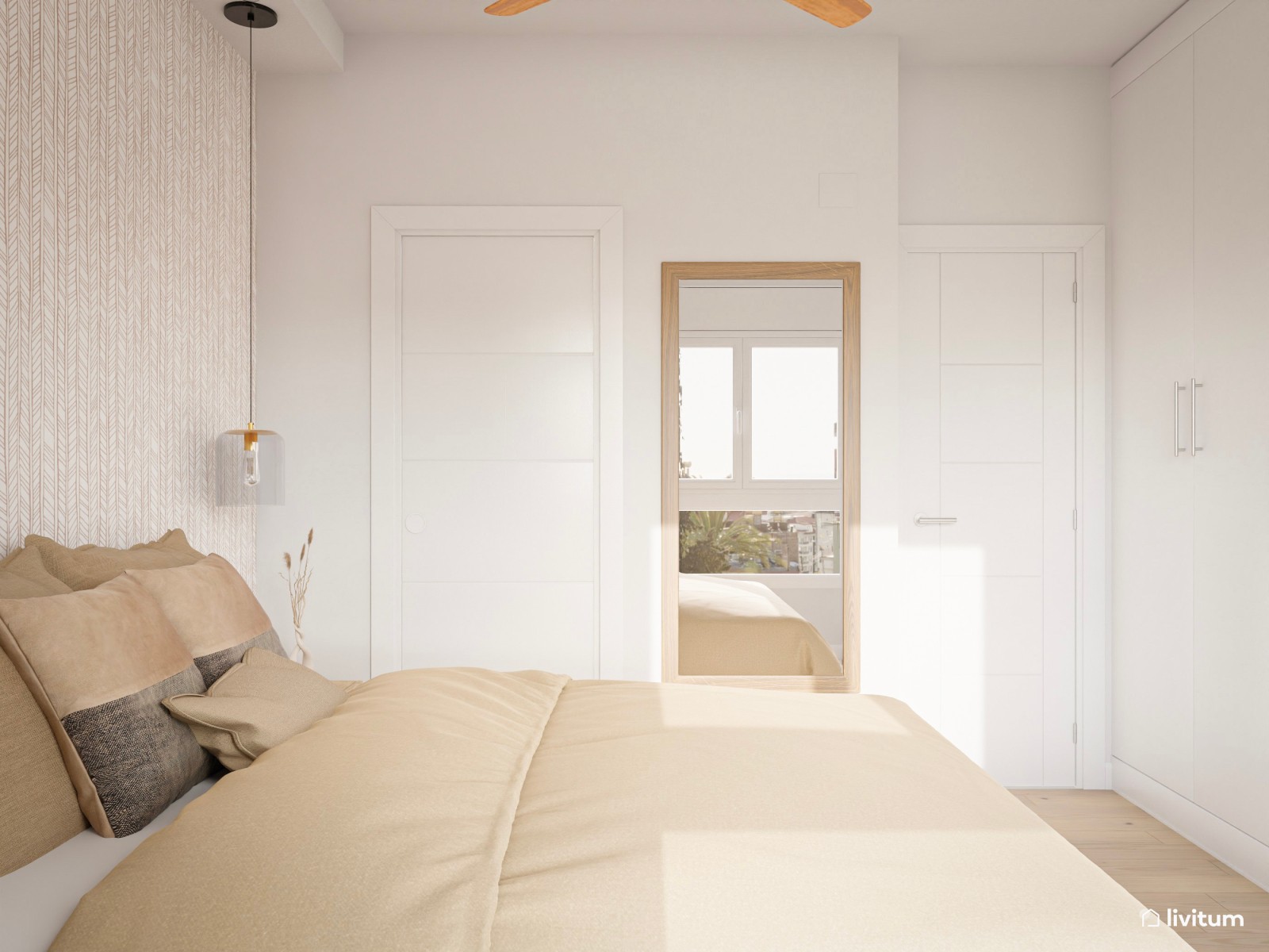 Dormitorio con papel pintado y colores suaves 