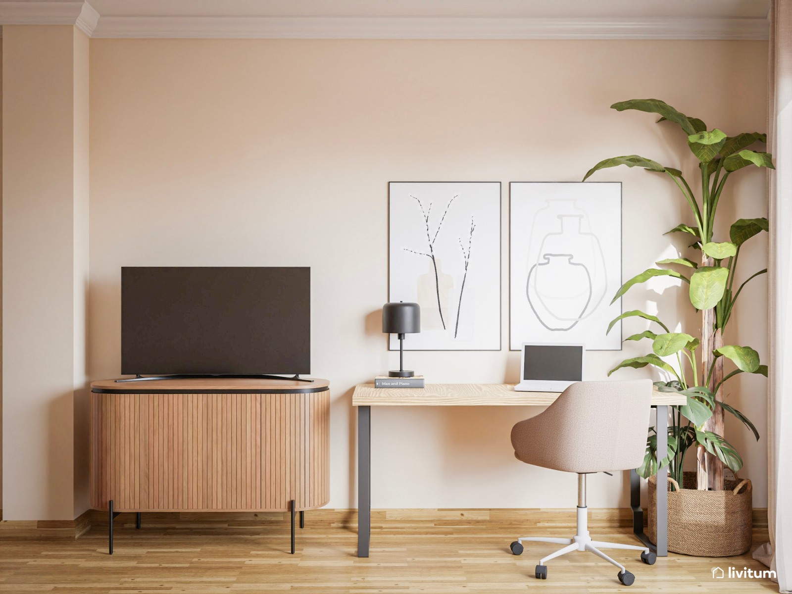 Dormitorio con un elegante cabecero y un escritorio estiloso 