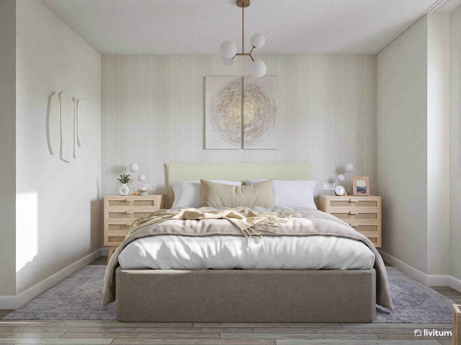 Dormitorio de matrimonio elegante decorado en blanco y gris