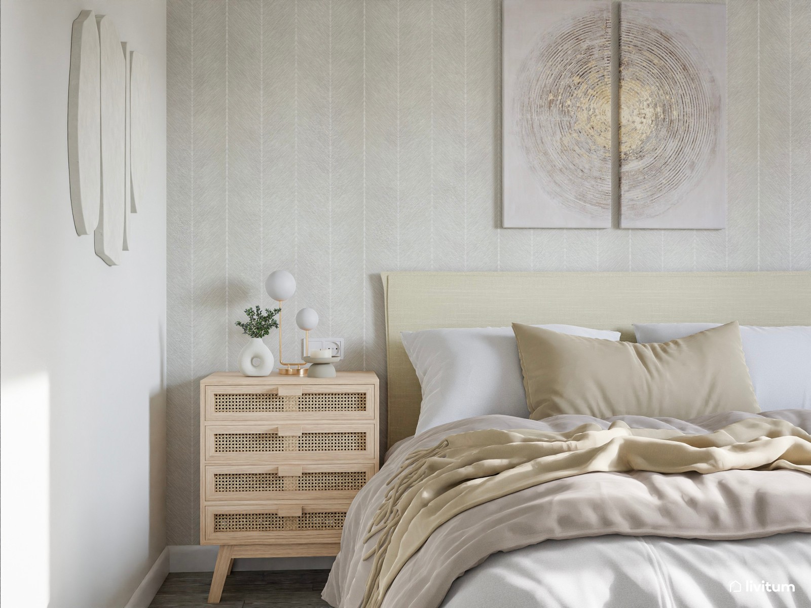 Dormitorio de matrimonio elegante decorado en blanco y gris