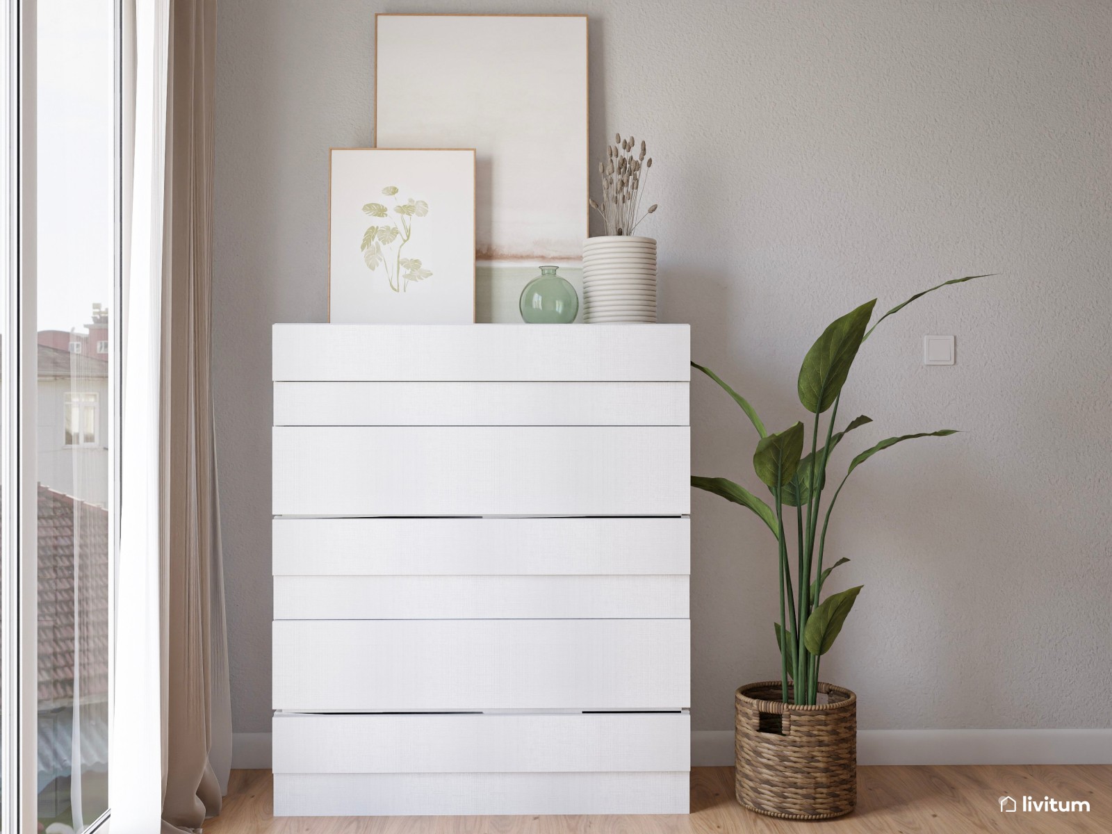 Dormitorio doble con escritorio integrado y decorado con madera natural