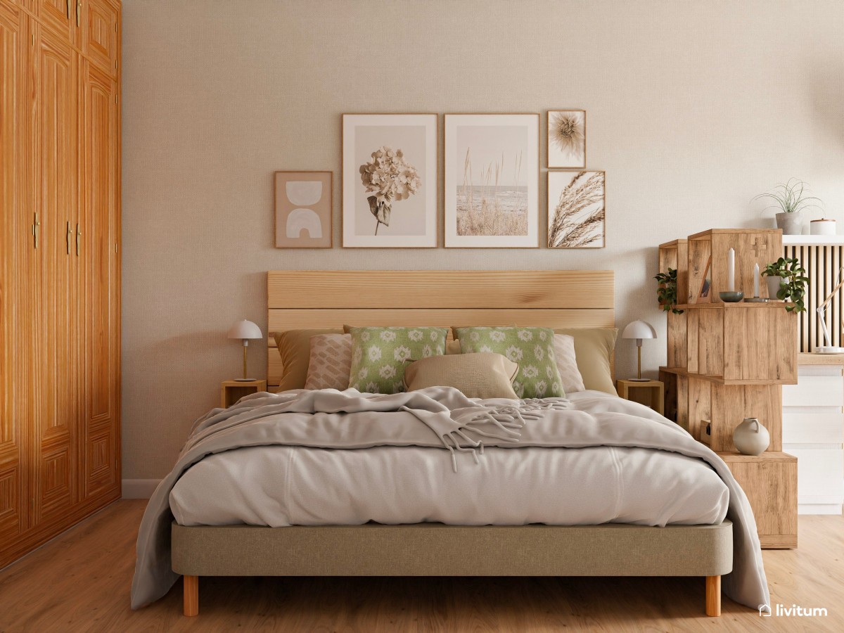 Dormitorio doble con escritorio integrado y decorado con madera natural