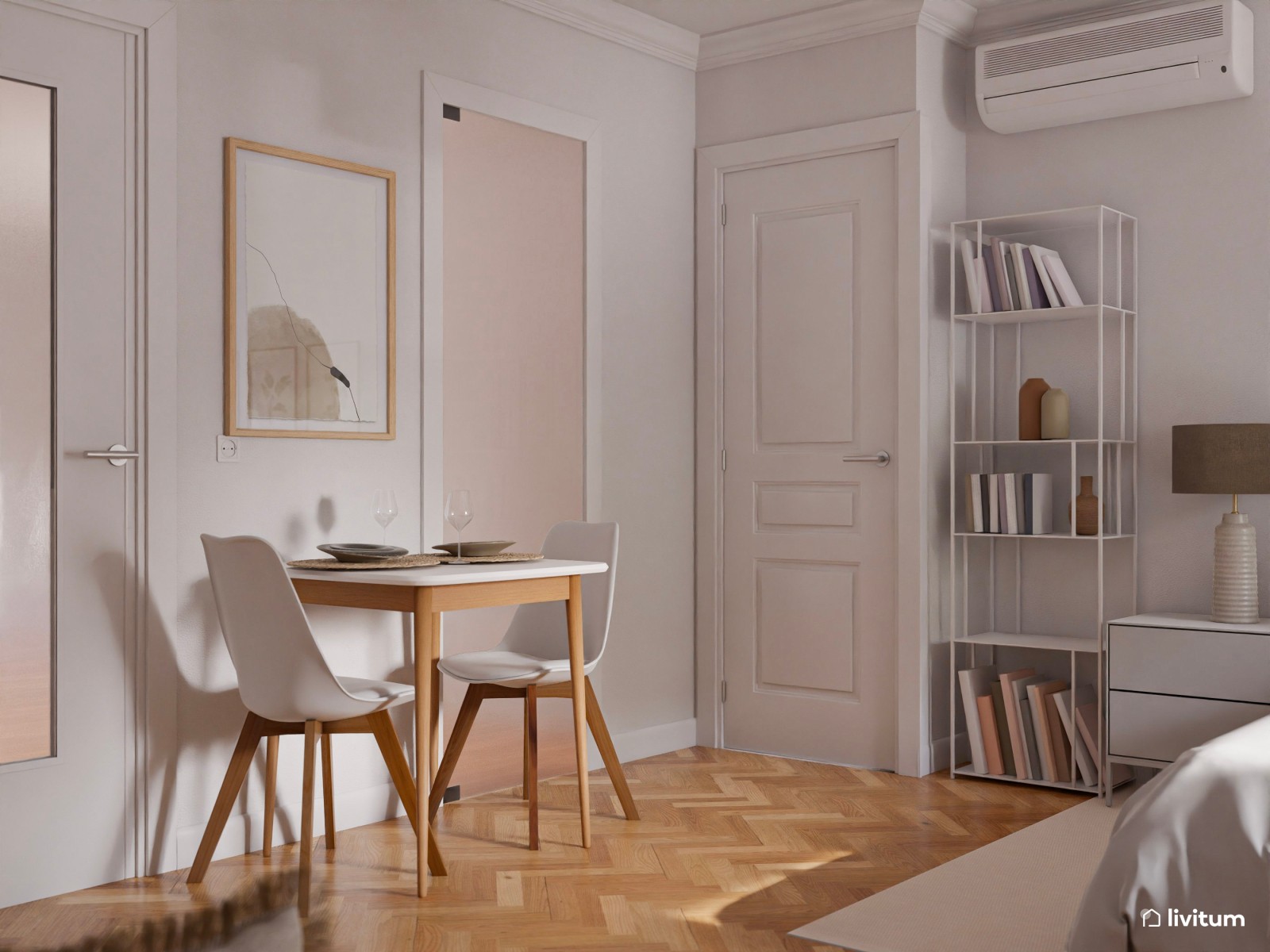 Dormitorio doble con pequeña mesa de comedor y escritorio