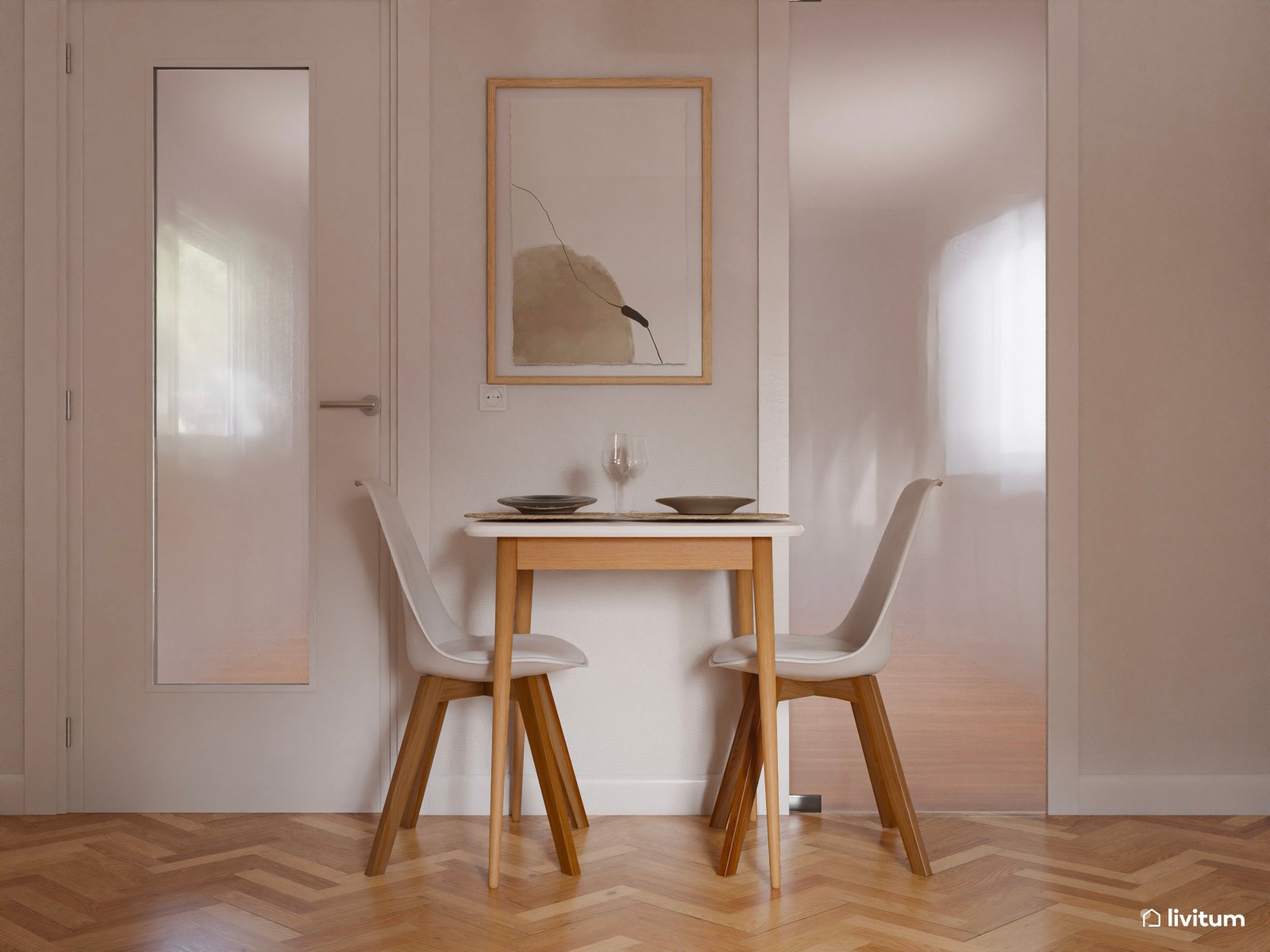 Dormitorio doble con pequeña mesa de comedor y escritorio