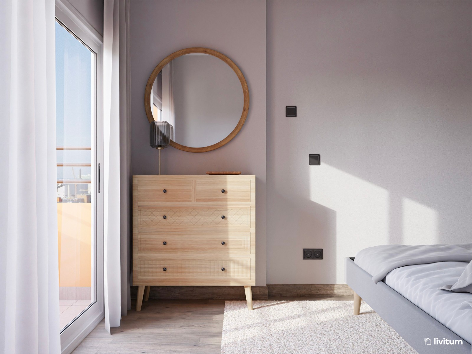 Dormitorio doble de estilo contemporáneo con paneles acústicos