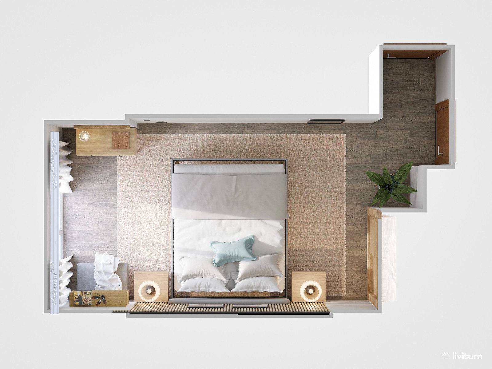 Dormitorio doble de estilo contemporáneo con paneles acústicos