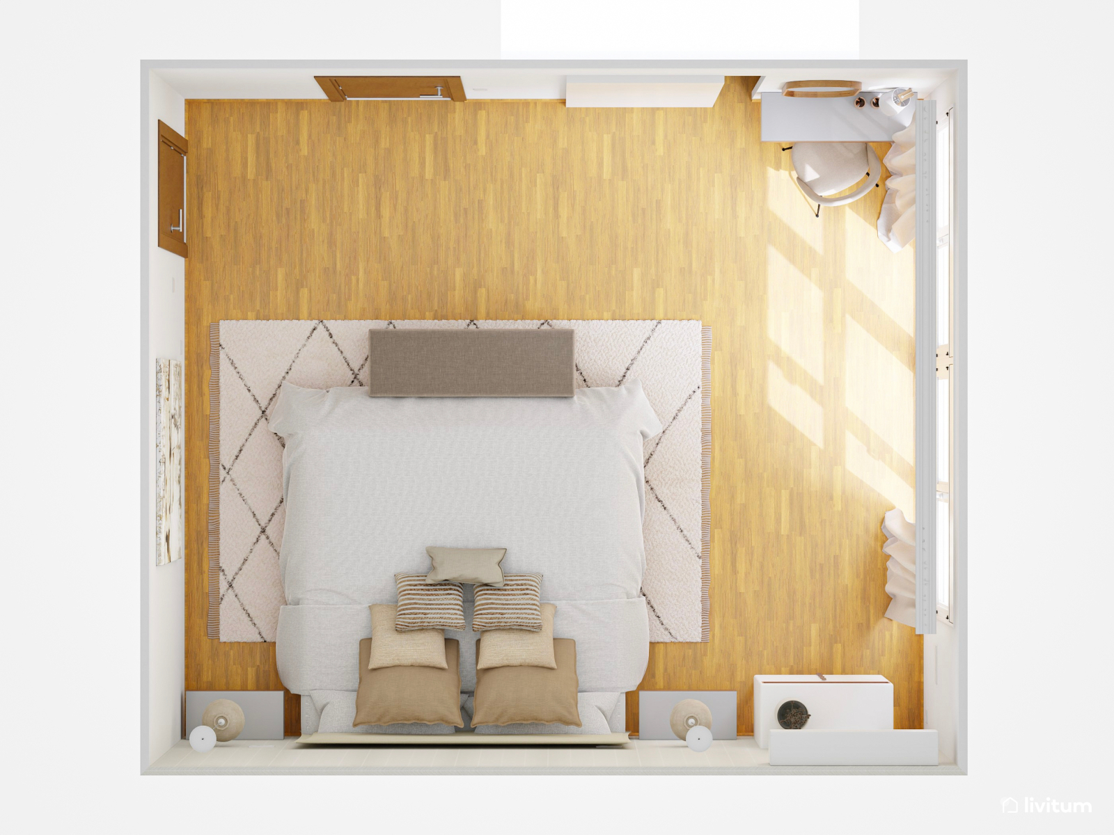  Dormitorio doble elegante con papel pintado beige y tocador