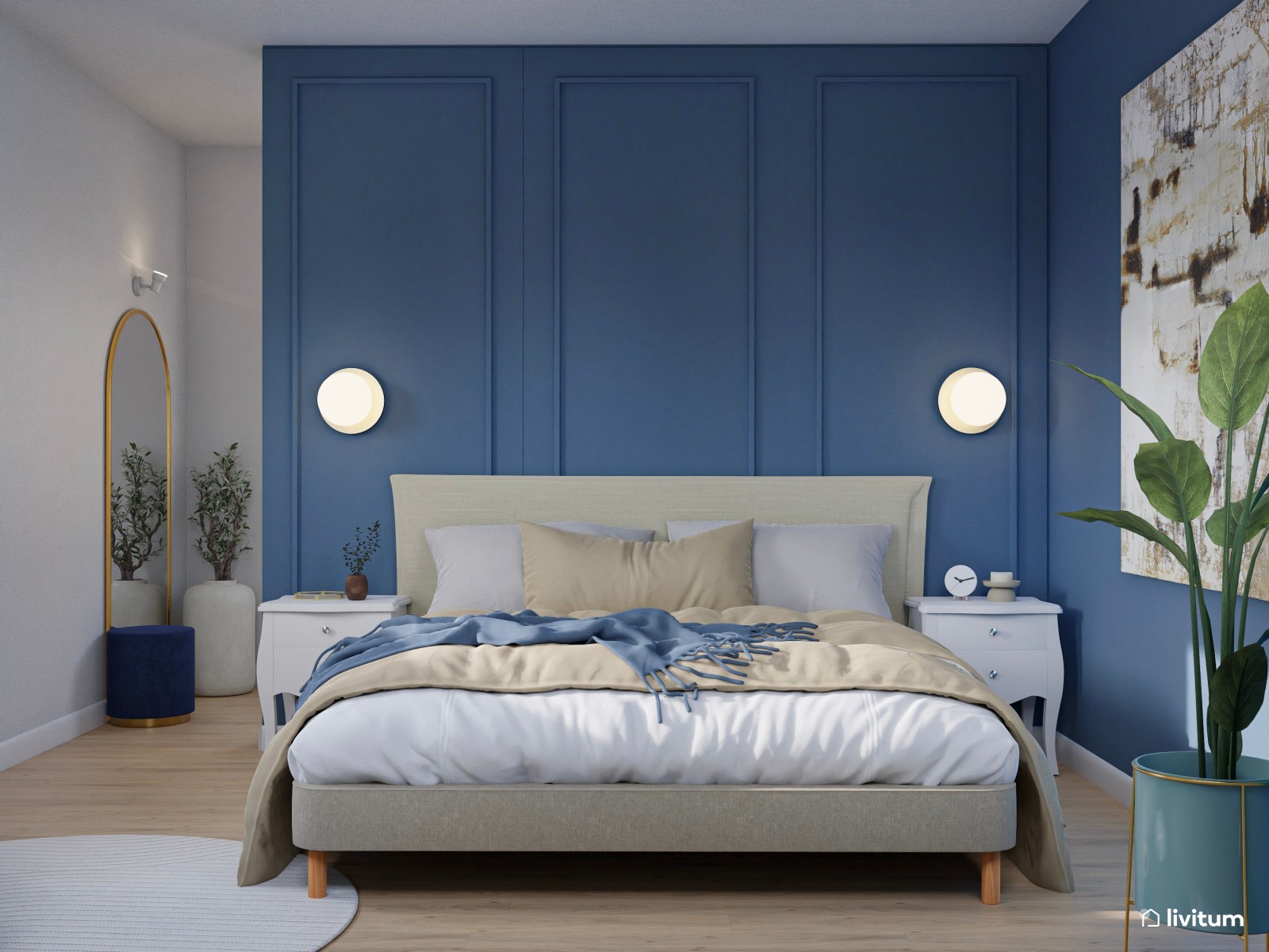 Dormitorio doble en azul índigo con molduras decorativas y vestidor