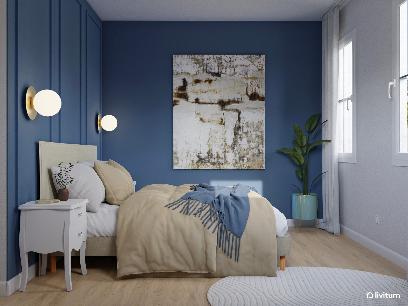 Dormitorio doble en azul índigo con molduras decorativas y vestidor