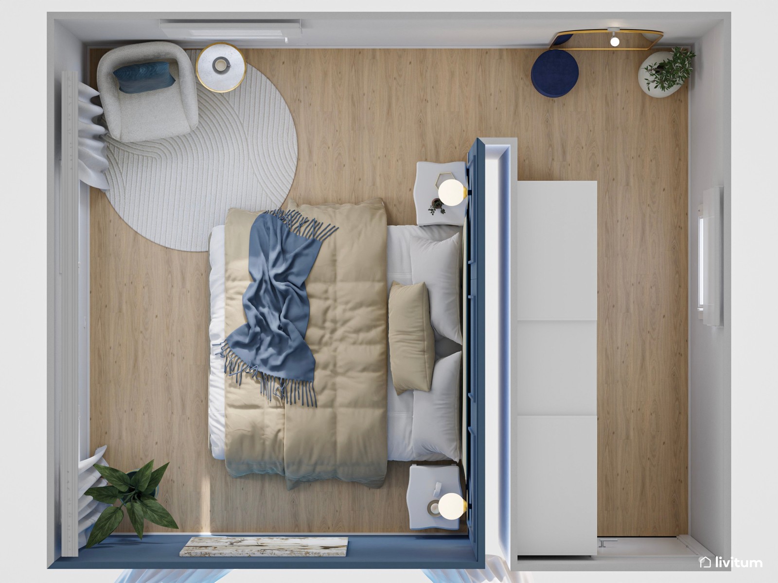 Dormitorio doble en azul índigo con molduras decorativas y vestidor