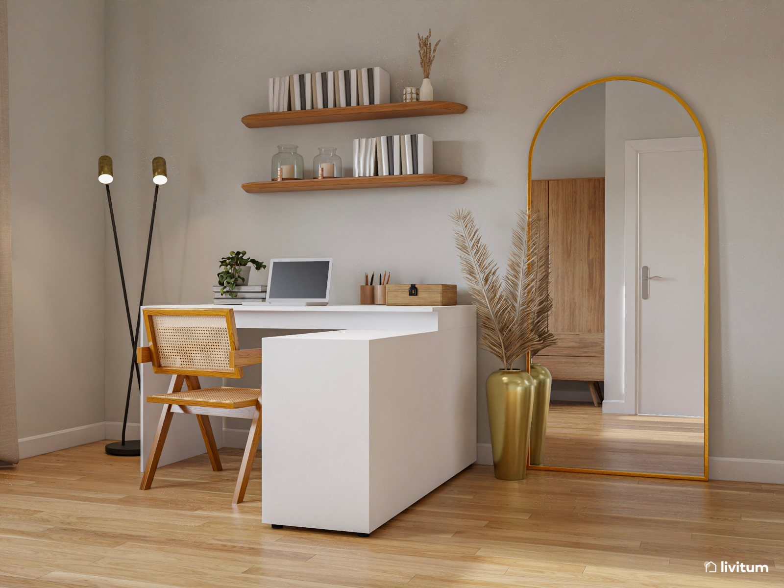 Dormitorio doble en madera y blanco con espacio de trabajo 