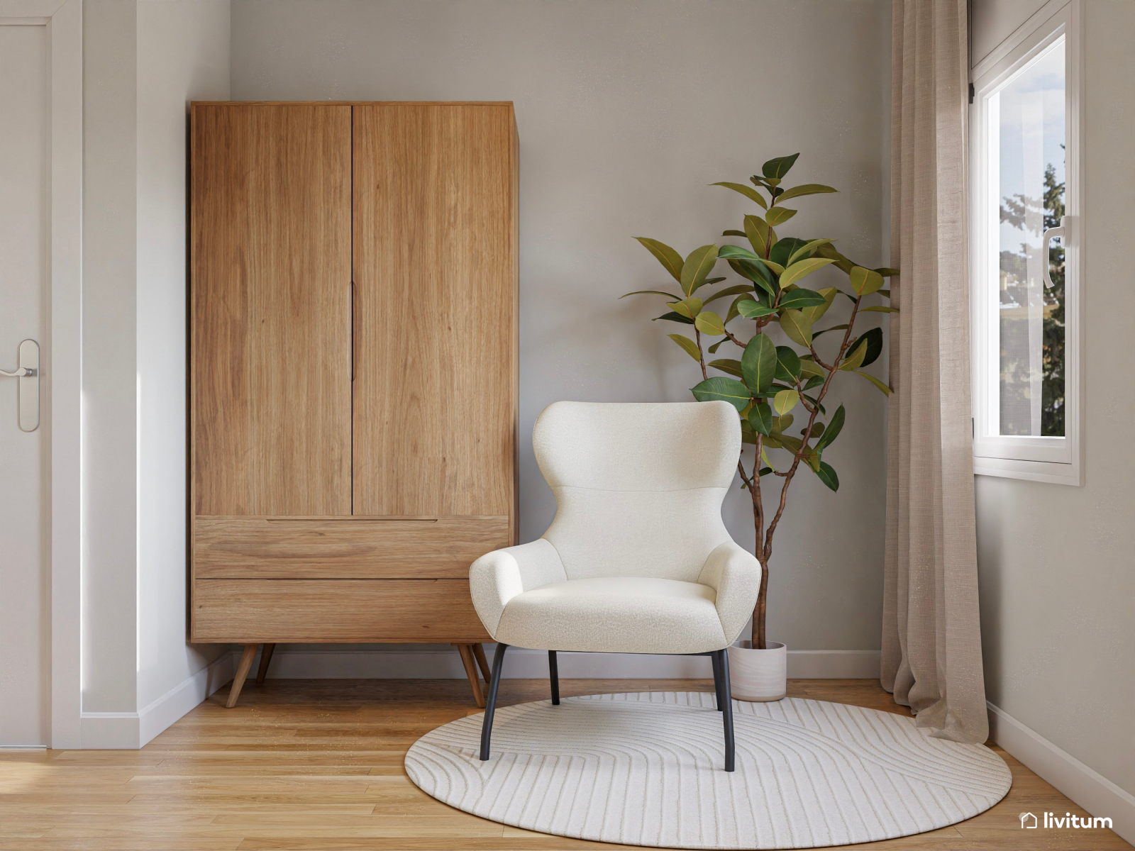 Dormitorio doble en madera y blanco con espacio de trabajo 