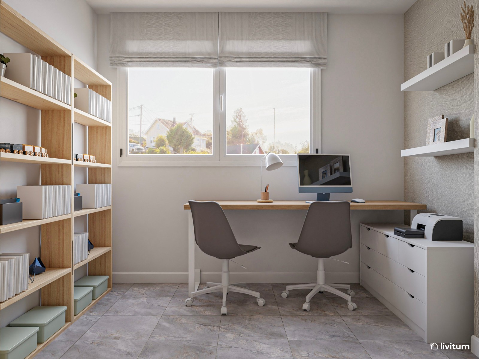 Dormitorio doble luminoso con zona de trabajo y librería