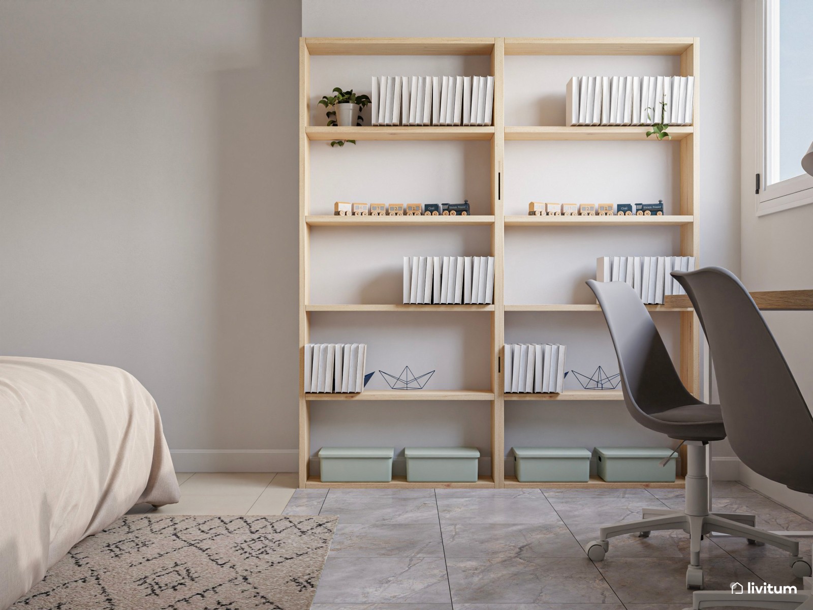 Dormitorio doble luminoso con zona de trabajo y librería