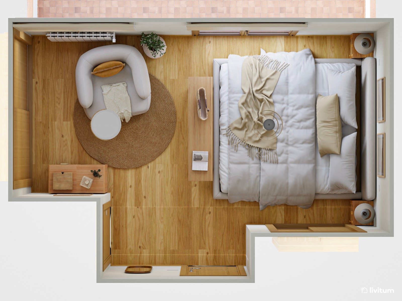 Dormitorio doble moderno con detalles rústicos y rincón de lectura