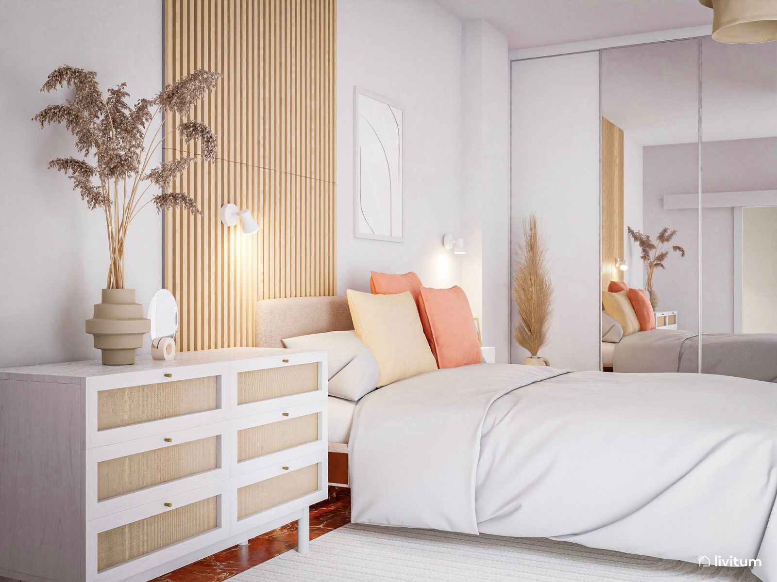 Dormitorio elegante con listones de madera y tonos neutros 