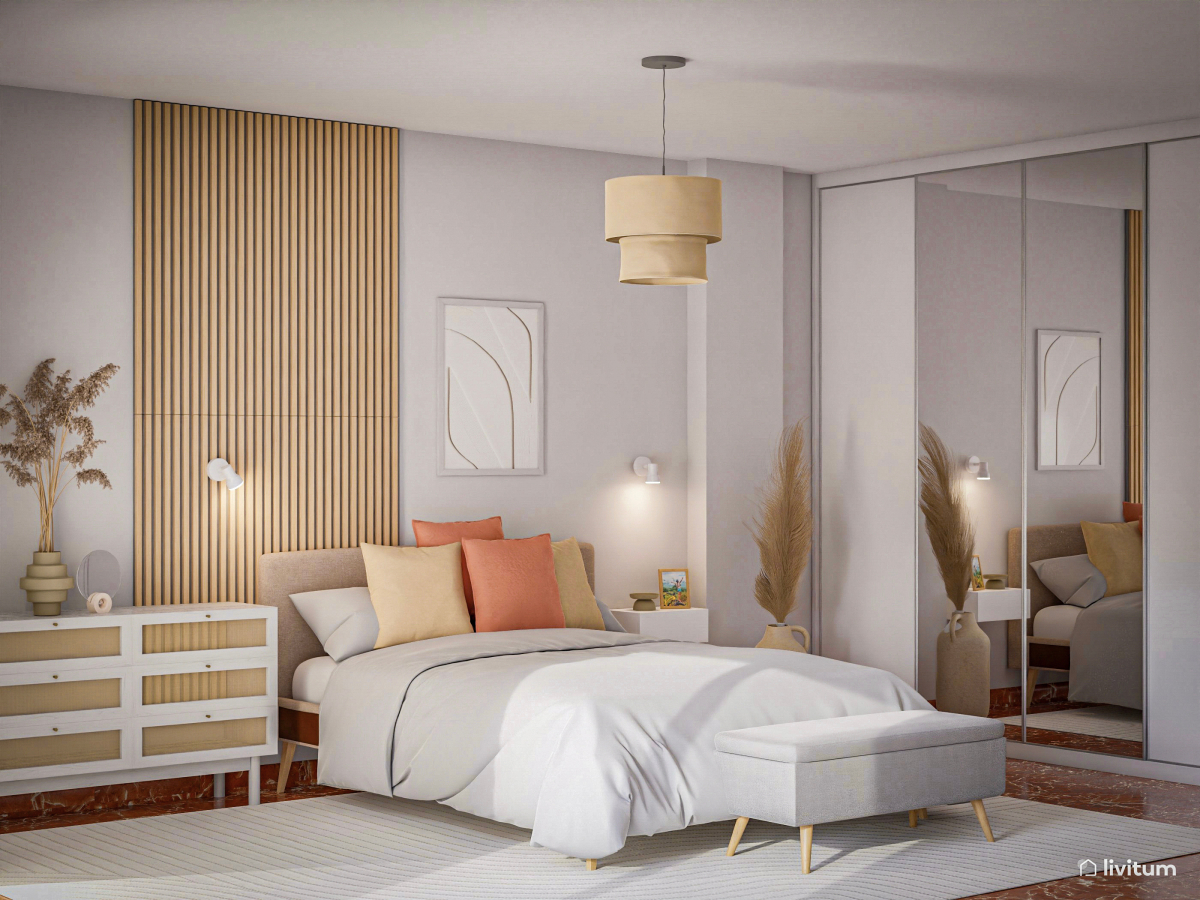 Dormitorio elegante con listones de madera y tonos neutros