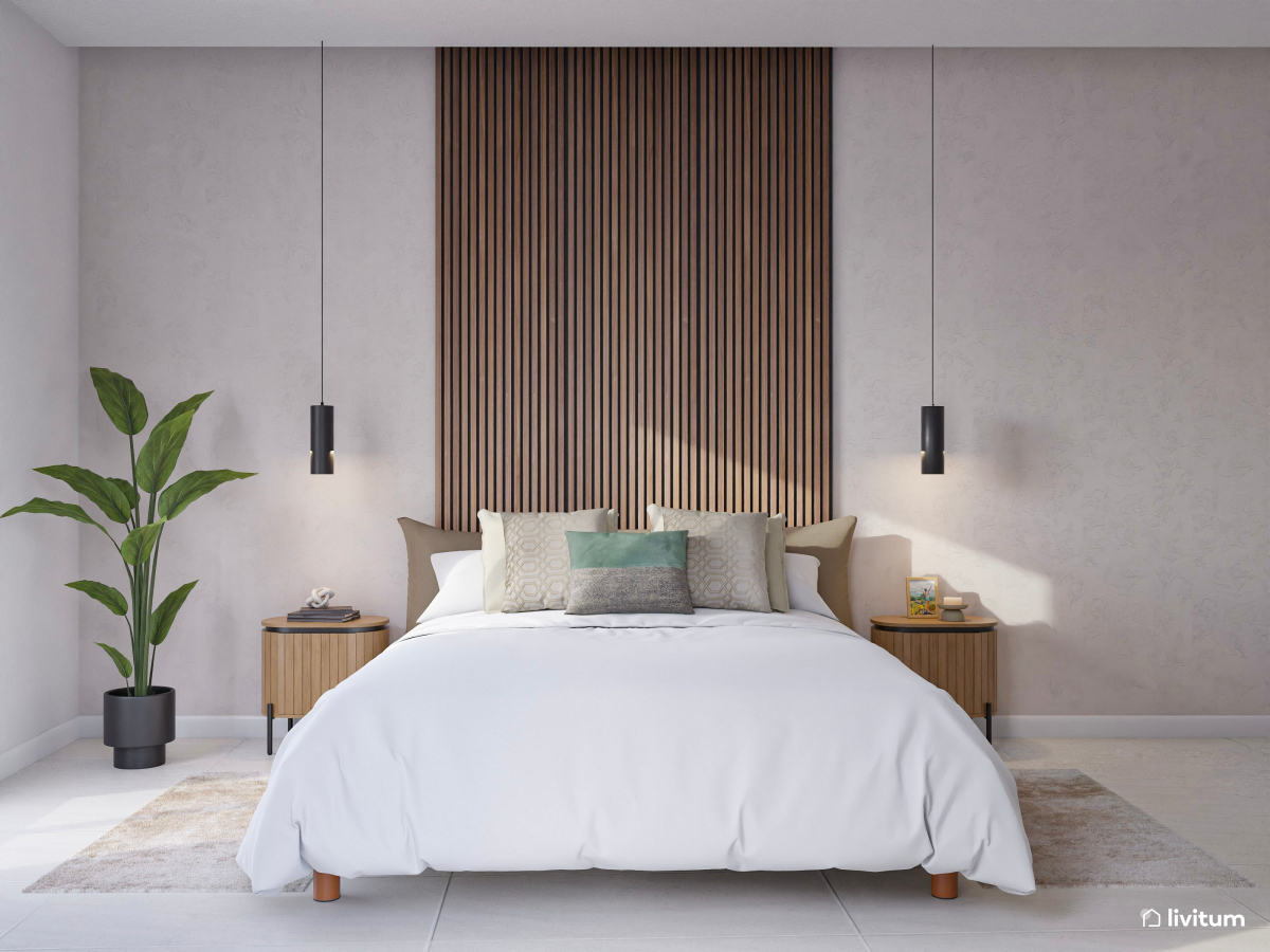 Dormitorio elegante y acogedor con cabecero vertical de madera