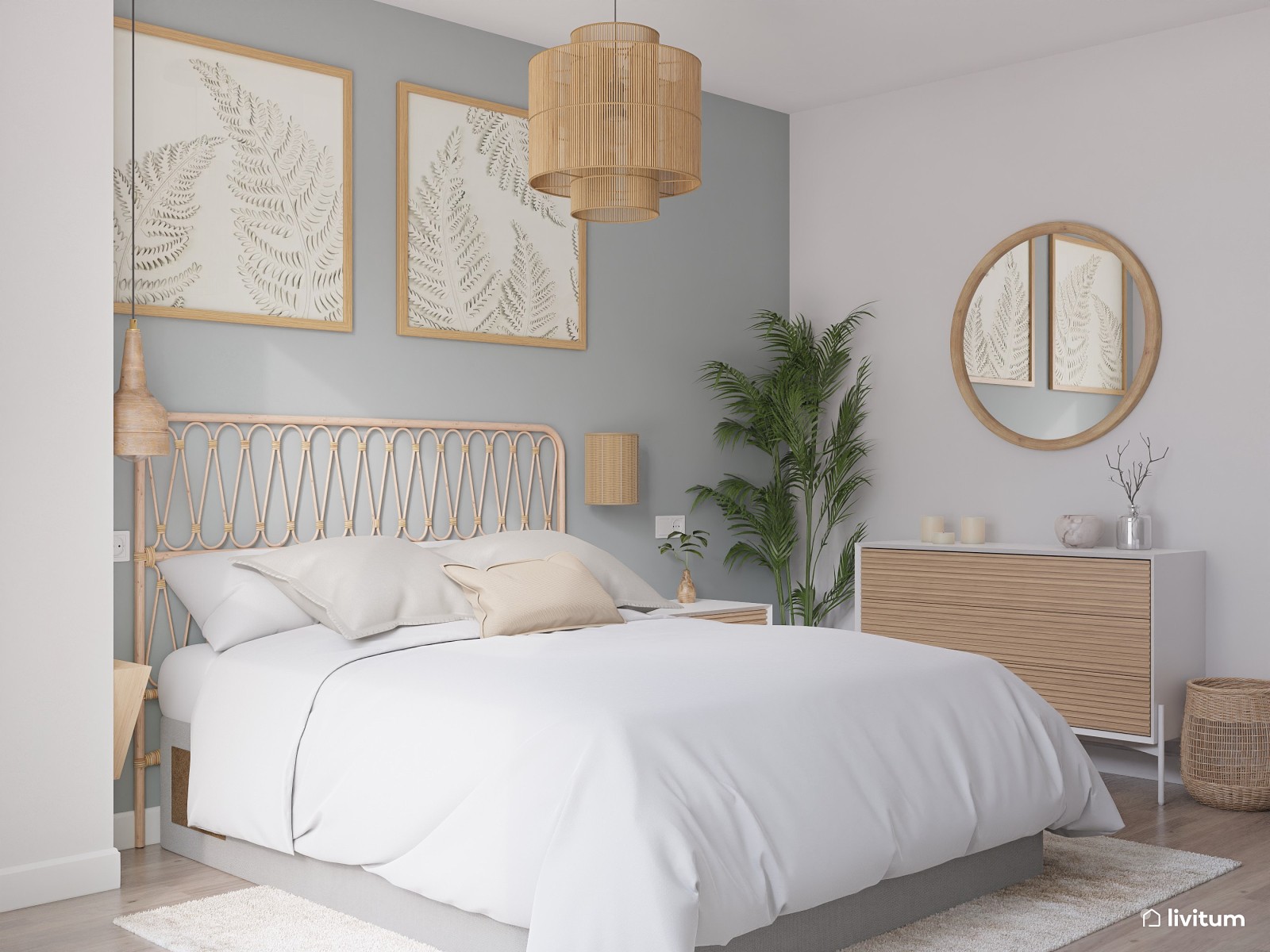 Dormitorio en azul y madera que transmite relax 