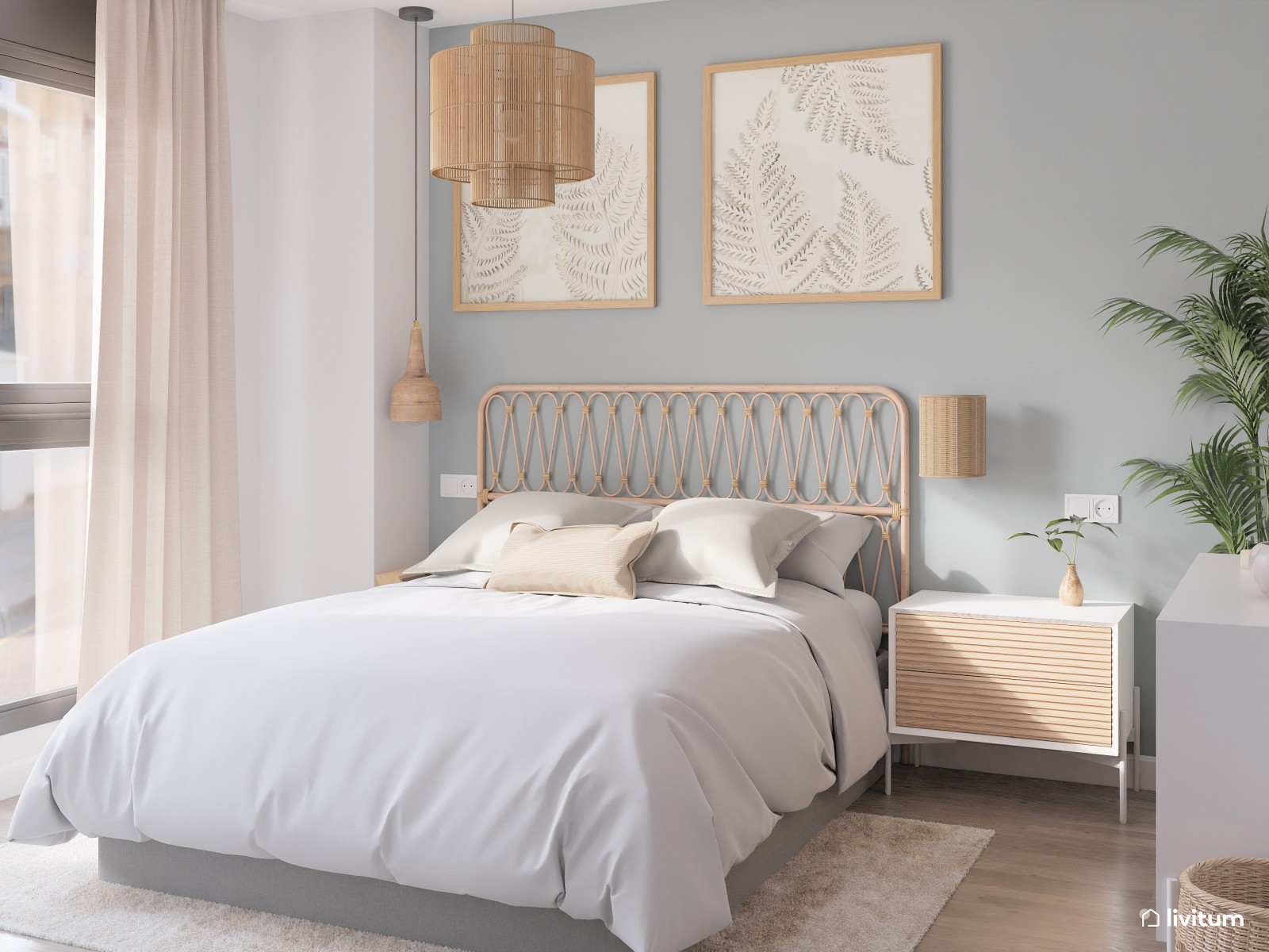 Dormitorio en azul y madera que transmite relax 