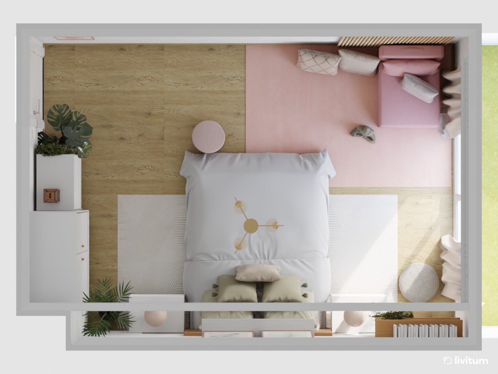 Dormitorio en blanco y rosa, con un espacio para yoga 