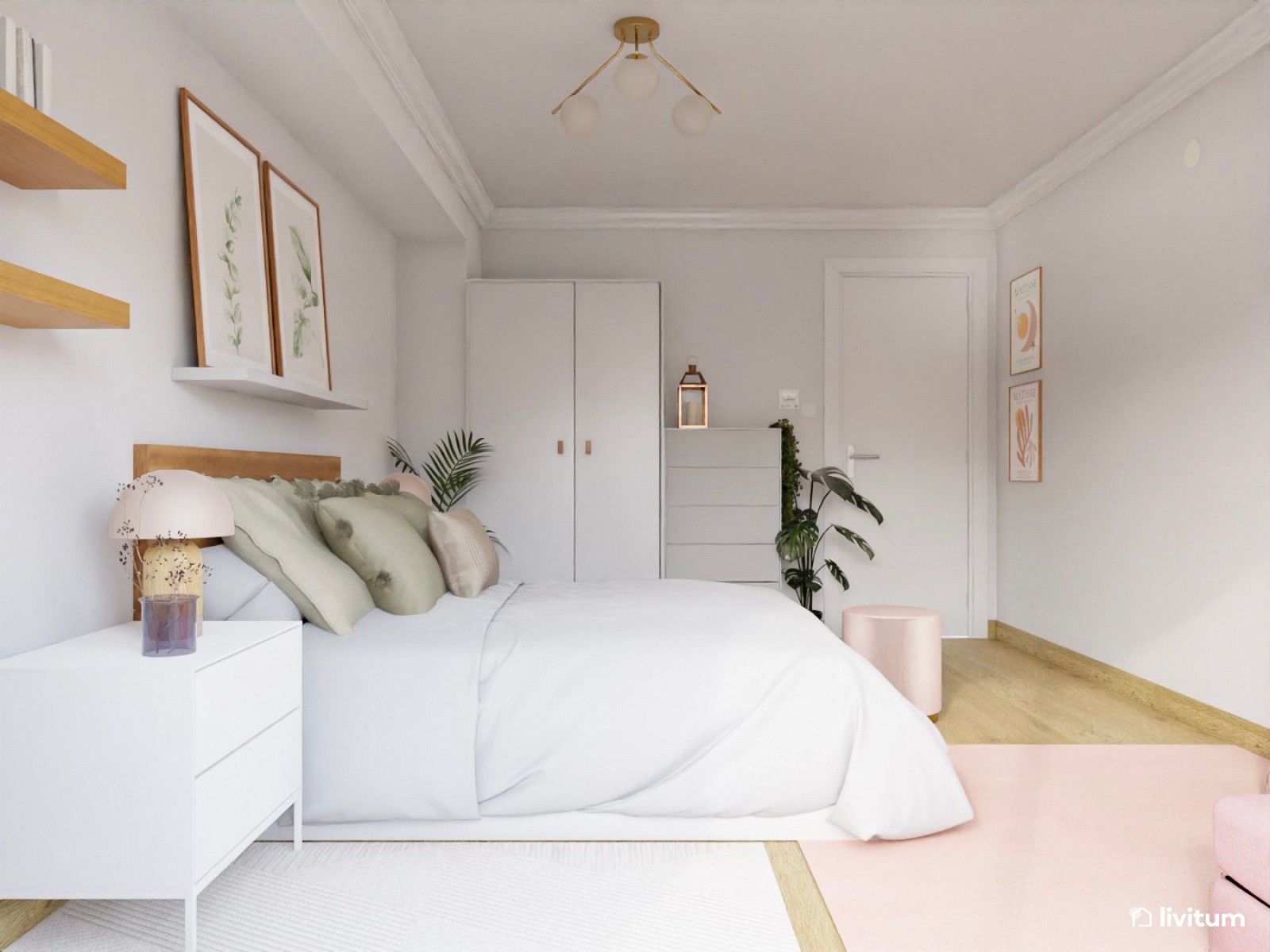 Dormitorio en blanco y rosa, con un espacio para yoga 