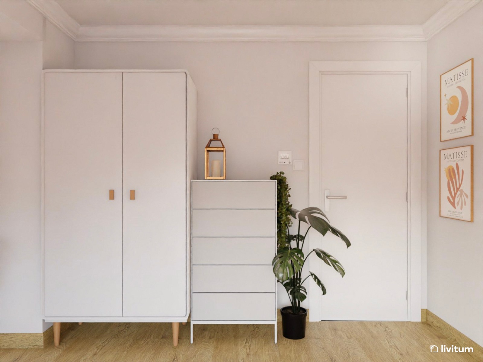 Dormitorio en blanco y rosa, con un espacio para yoga 