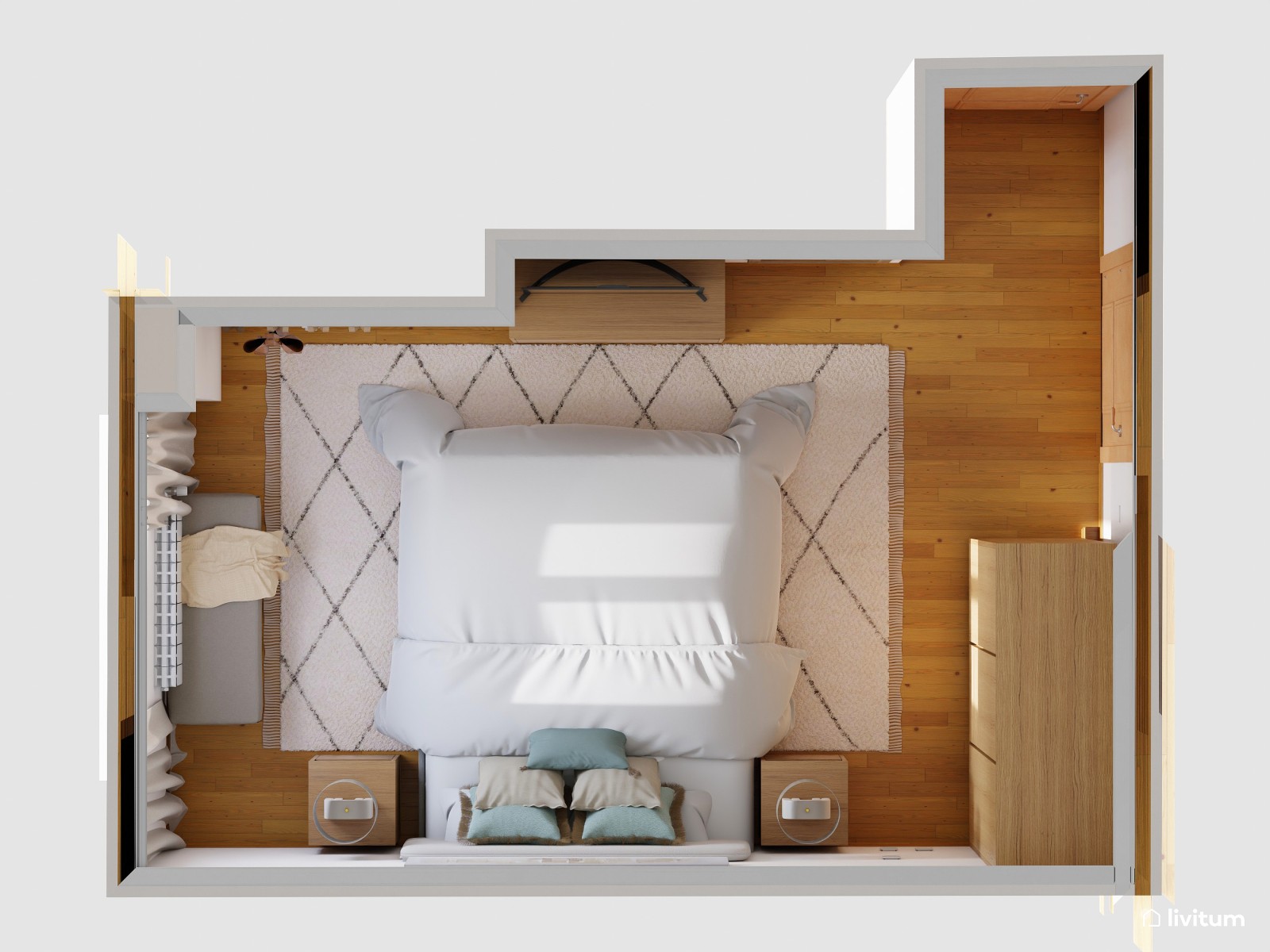 Dormitorio en tonos neutros con acento en turquesa 