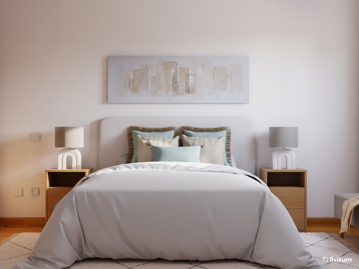 Dormitorio en tonos neutros con acento en turquesa