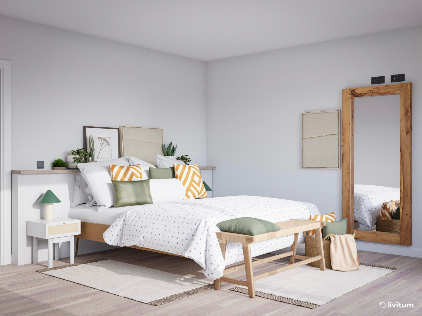 Dormitorio en tonos neutros, ocres y verde con vestidor