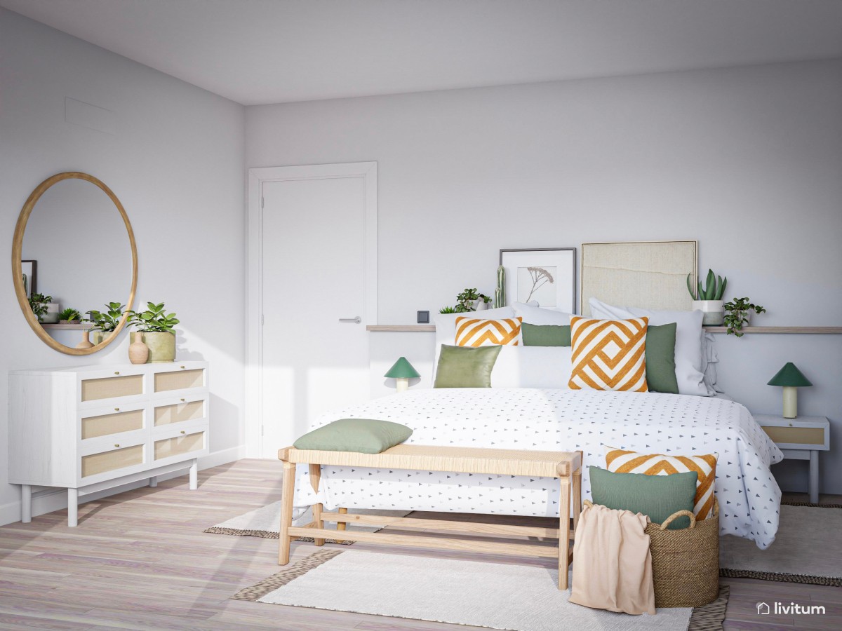 Dormitorio en tonos neutros, ocres y verde con vestidor
