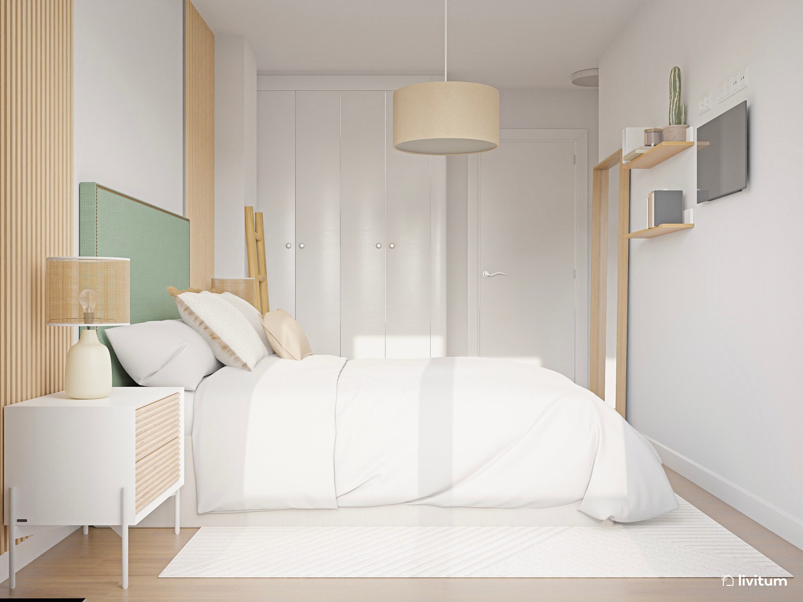 Dormitorio en verde y con listones de madera 