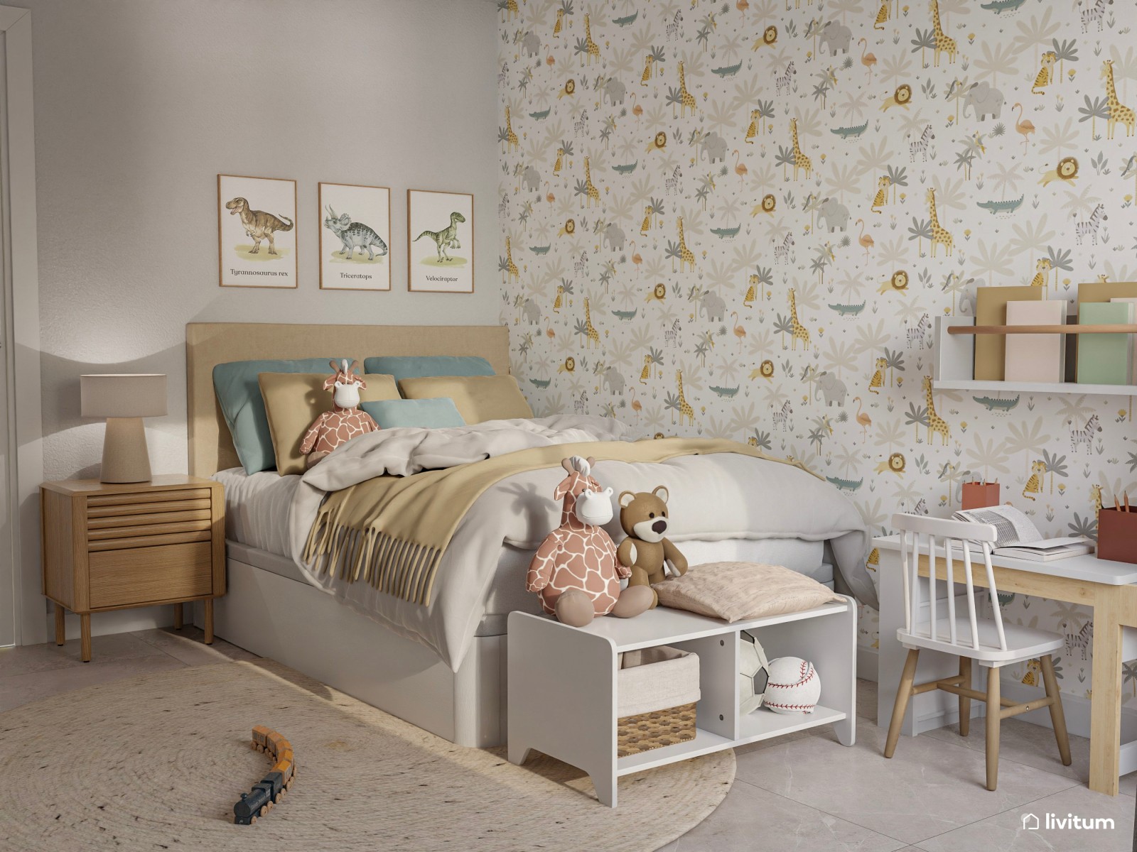 Dormitorio infantil con decoración de animales y escritorio para niños