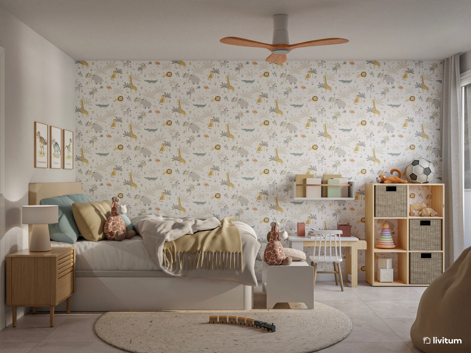 Dormitorio infantil con decoración de animales y escritorio para niños