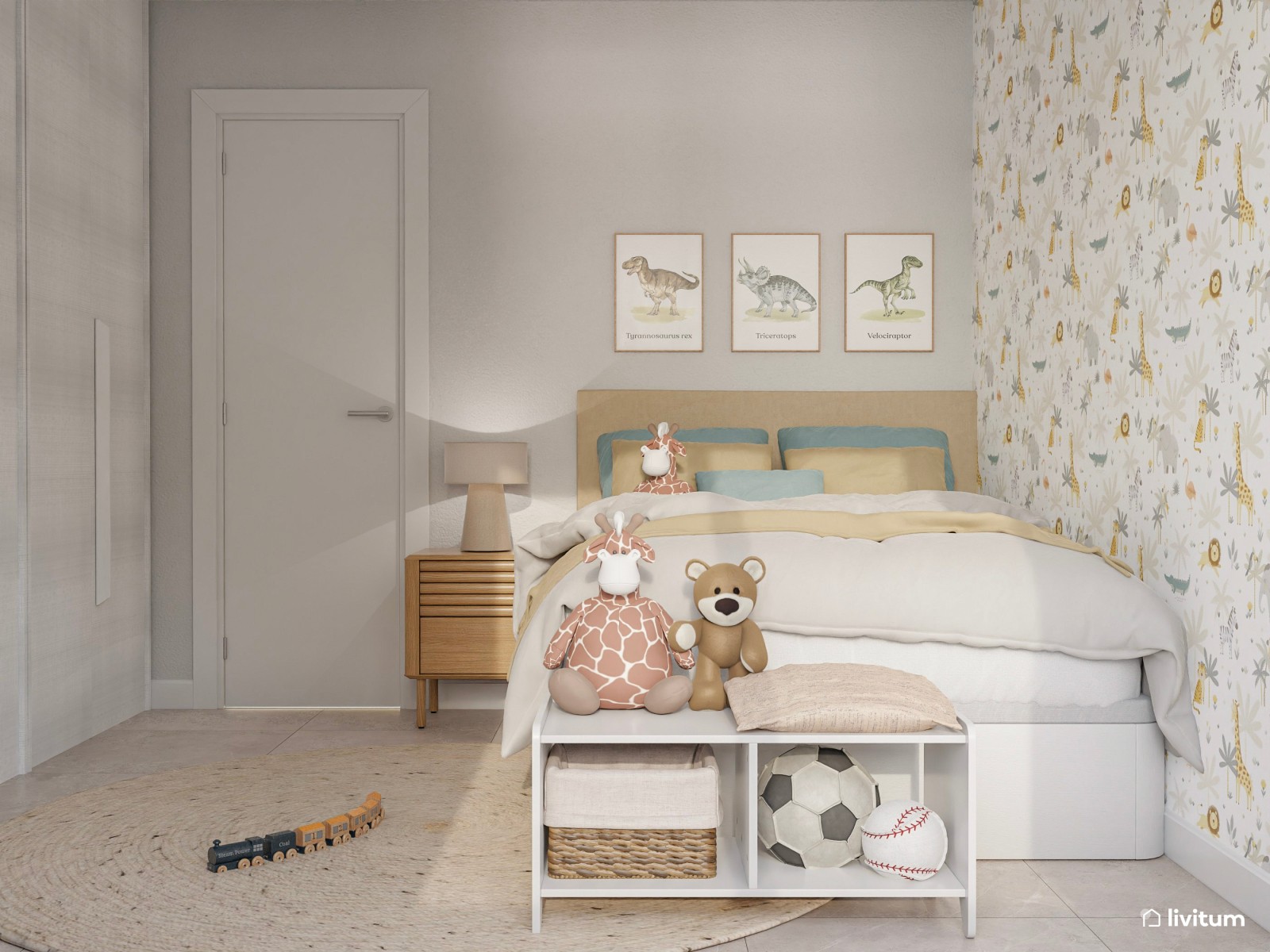 Dormitorio infantil con decoración de animales y escritorio para niños