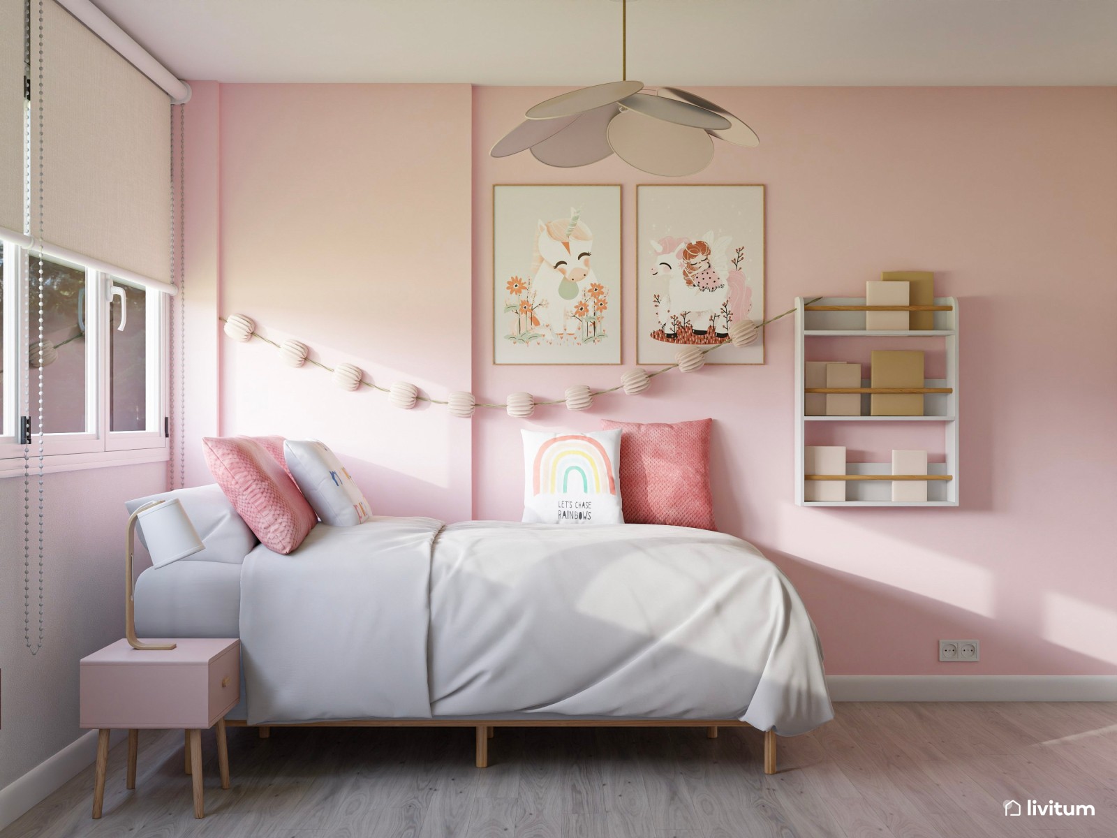 Dormitorio infantil con mesita de juego y decoración rosa